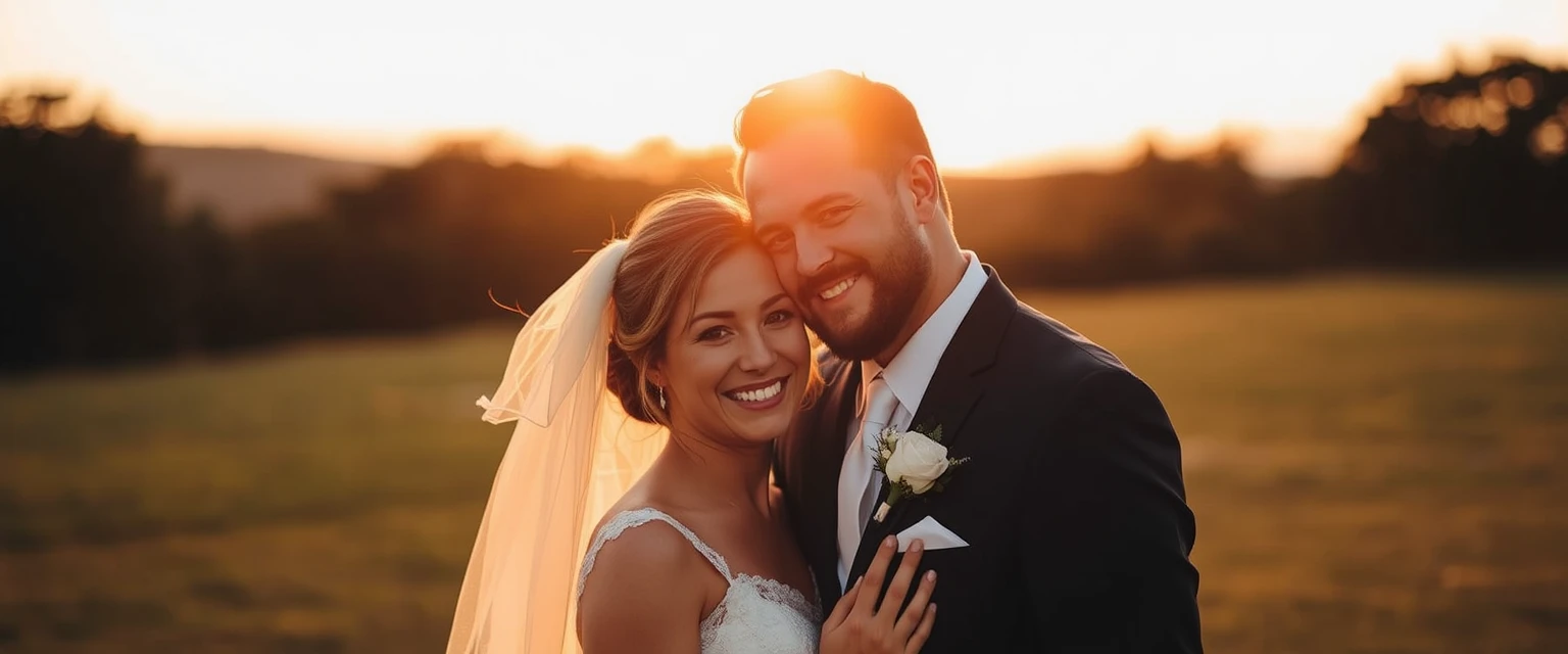 Bride and groom embracing, golden hour